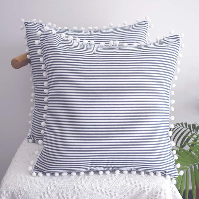 Decorative Pillow Covers 18x18 Farmhouse Stripe Pillows Covers Navy Blue Pillow Covers with Pom P... | Amazon (US)