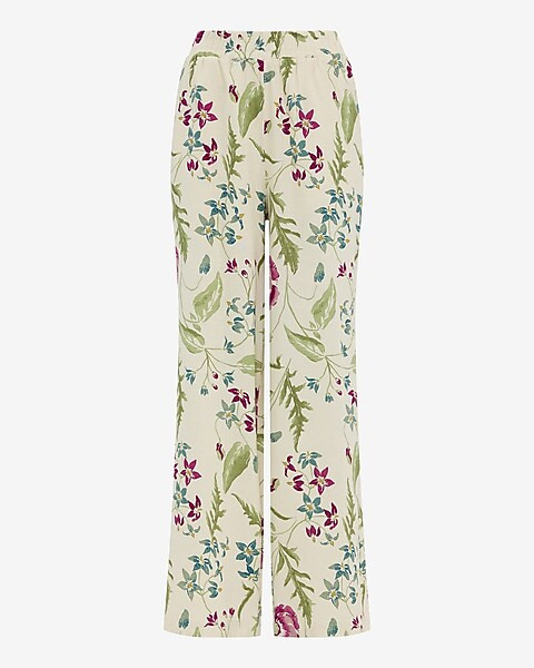 Linen-Blend Floral High Waisted Pull On Wide Leg Pant | Express