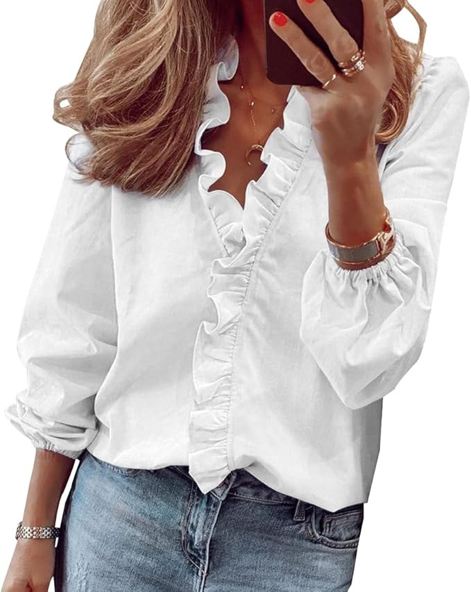 ZOCANIA Ruffled Tops for Women V Neck Ruffle Blouse Long Sleeve Ruffle Shirt Comfort Plus Size Lo... | Amazon (US)