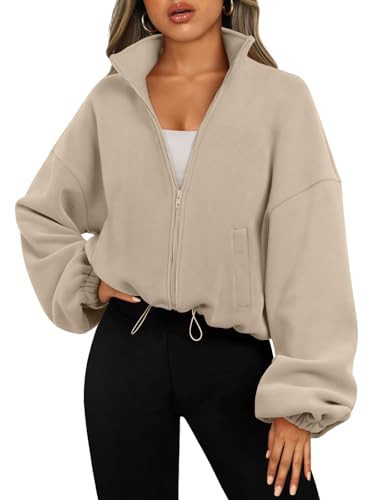 AUTOMET Womens Fleece Jackets Zip Up Oversized Sweatshirts Winter Clothes Long Sleeve Crop Sherpa Fall Outfits Fashion Khaki M | Amazon (US)