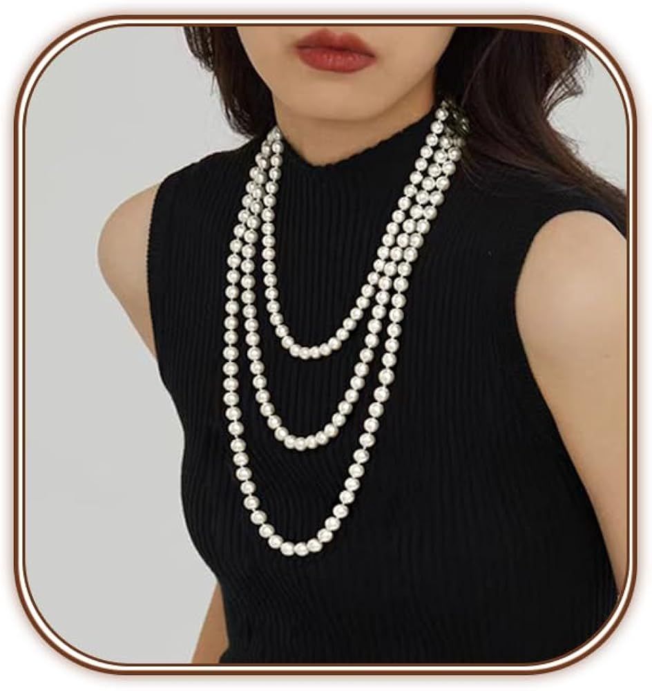 Long Pearl Necklace 70"/180CM Faux White Pearl Beads Multi Strand Layered Pearl Necklaces for Wom... | Amazon (US)