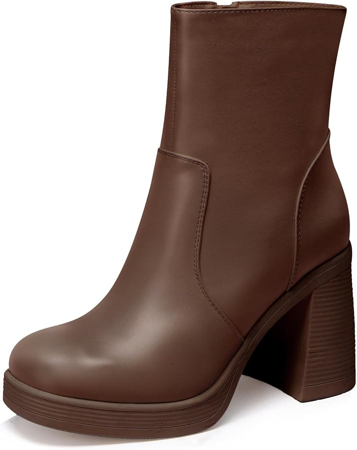 Women's Platform Gogo Ankle Boots with Zipper, Square Toe Boots with Chunky Block Heel | Amazon (US)