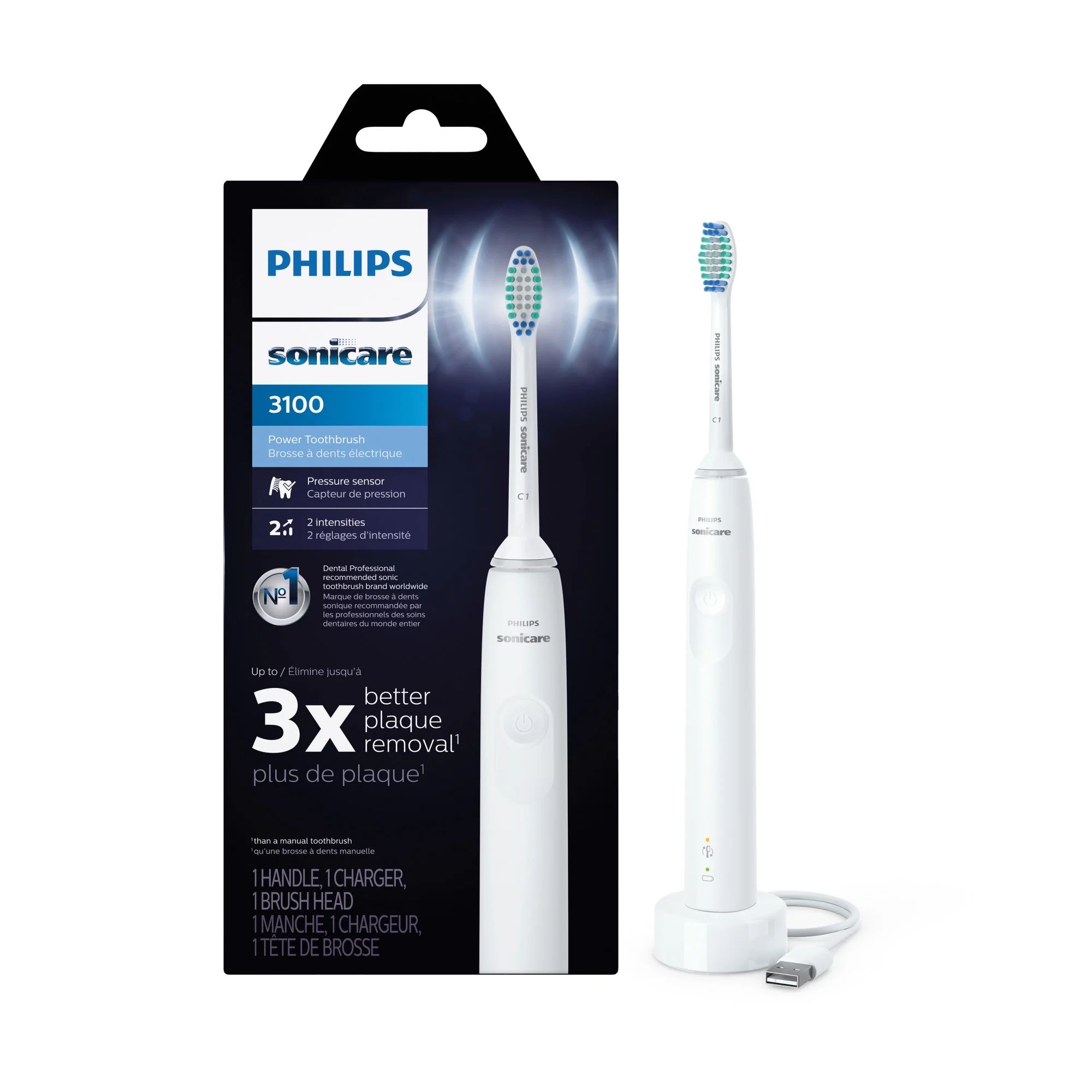 Philips Sonicare 3100 Rechargeable Electric Toothbrush with Pressure Sensor, White HX3681/03 | Walmart (US)