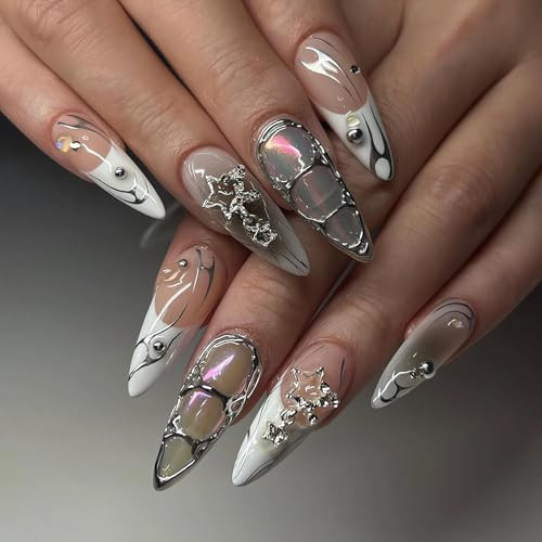 LPOODDNU Press on Nails Almond Medium Fake Nails with Designs Silver Flame 3D Star Acrylic False Nails Cute Artificial Nails Press ons Reusable Glue on Nails for Women and Girls 24Pcs | Amazon (US)