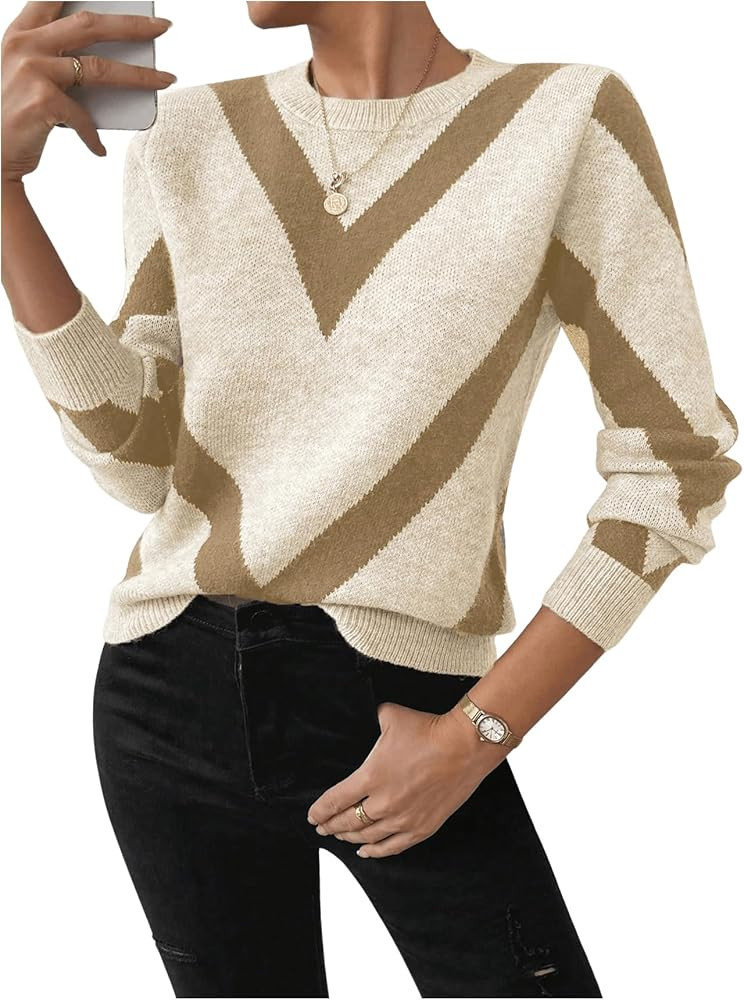 SweatyRocks Women's Patterned Fuzzy Knit Business Sweater Long Sleeve Chunky Loose Fit Pullover T... | Amazon (US)