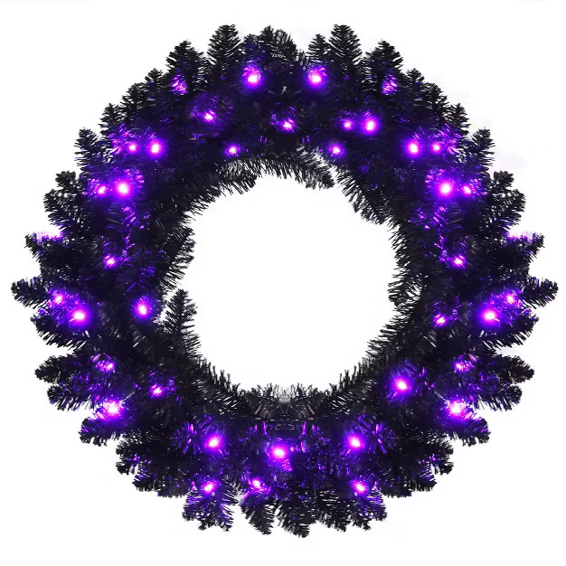 Costway 24inch Pre-lit Christmas Halloween Wreath Black w/ 35 Purple LED Lights | Target
