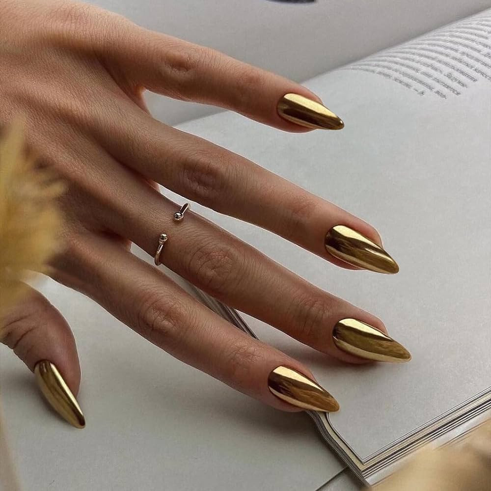 Gold Chrome Press on Nails Medium Almond, KQueenest Mirror Metal Stiletto Fake Acrylic Nails with... | Amazon (US)