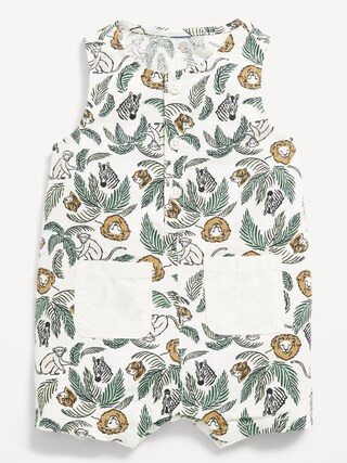 Printed Sleeveless Linen-Blend Henley One-Piece Romper for Baby | Old Navy (US)