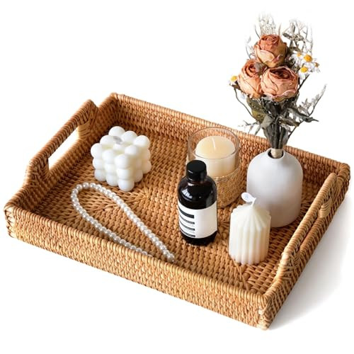 Wicker Tray Rectangle with Handles, Handmade Rattan Natural Woven Tray, Rattan Serving Wicker Trays for Decor Storage, Coffee Table Basket Trays for Breakfast Bread Fruit Snack | Amazon (US)