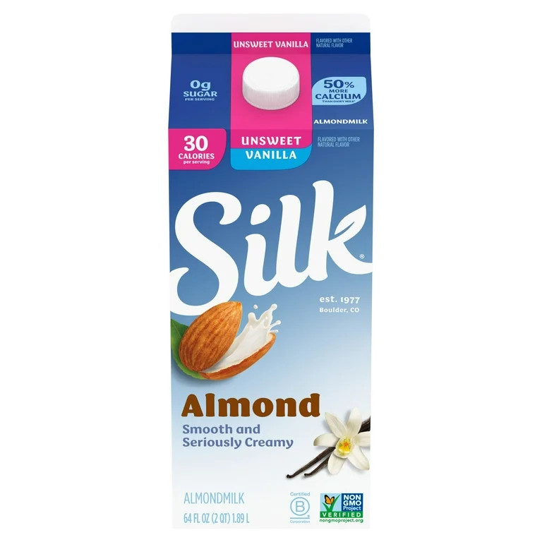 Silk Dairy Free, Gluten Free, Unsweet Vanilla Almond Milk, 64 fl oz Half Gallon - Walmart.com | Walmart (US)