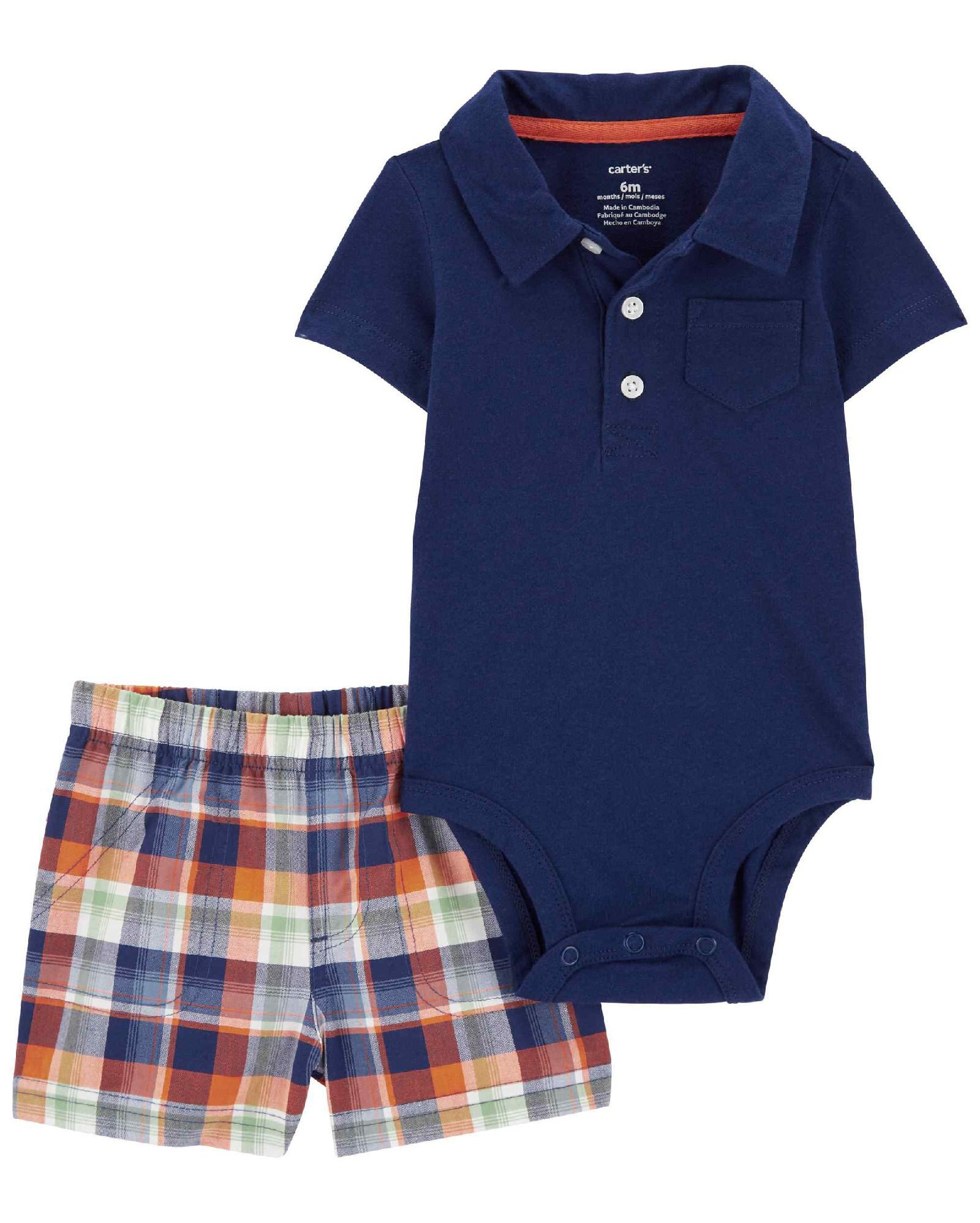 Conjunto curto bebê 2 peças polo xadrez com bolso multicor | Carter's | Riachuelo (BR)