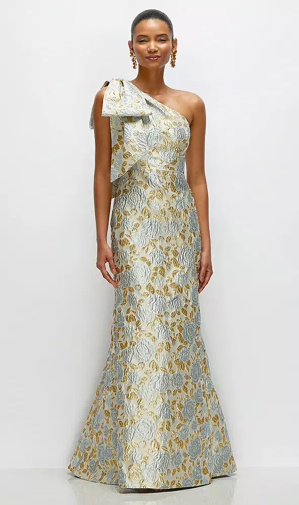 Bow One-Shoulder Gold Leaf Brocade Maxi Dress with Trumpet Skirt in Winter Mist | Dessy Group