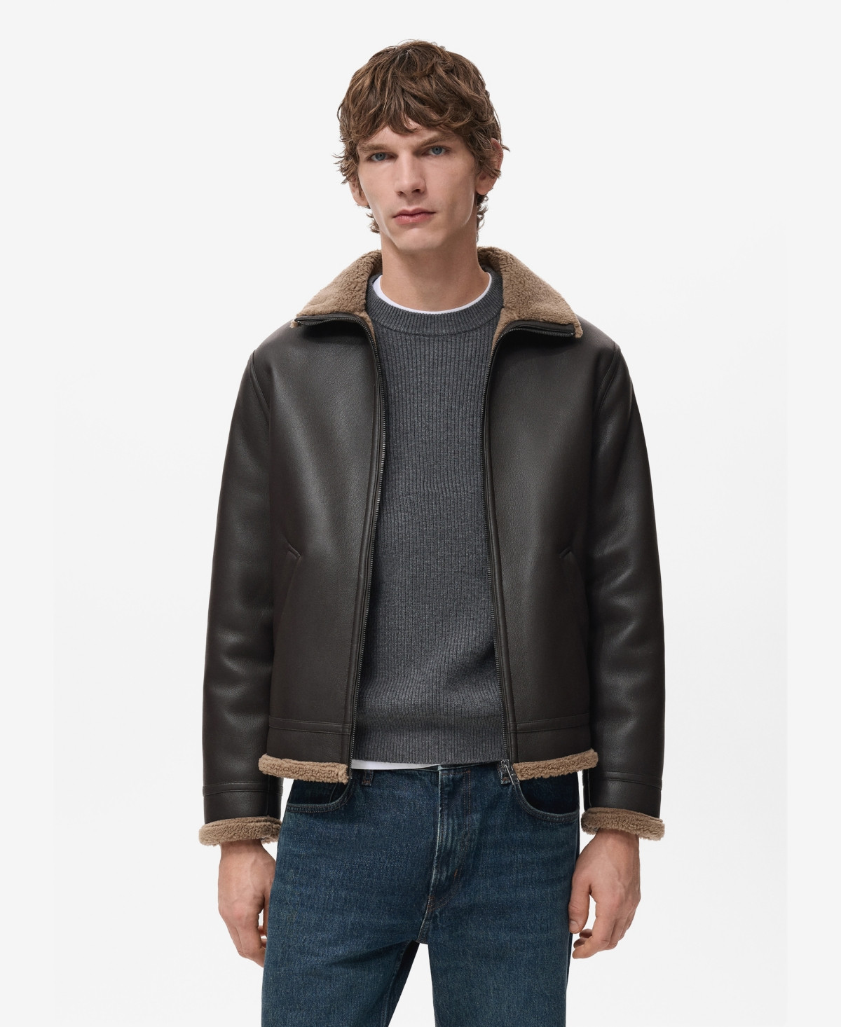 Mango Men's Faux-Leather Fleece Jacket - Chocolate | Macy's