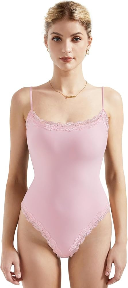 SUUKSESS Women Square Neck Lace Bodysuit Sleeveless Spaghetti Strap Tank Top | Amazon (US)