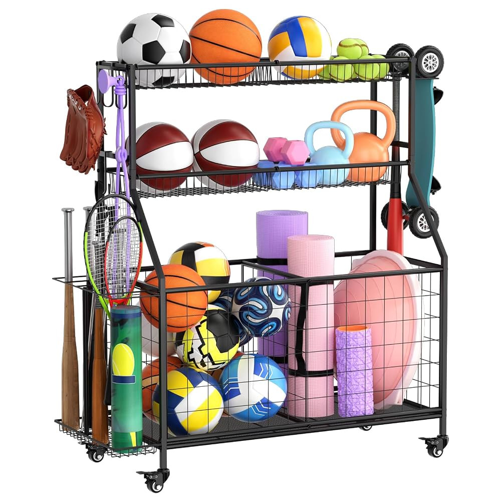 WUC Sports Equipment Organizer - Garage Ball Storage Rack with Basket, Hooks and Rolling Cart for... | Amazon (US)