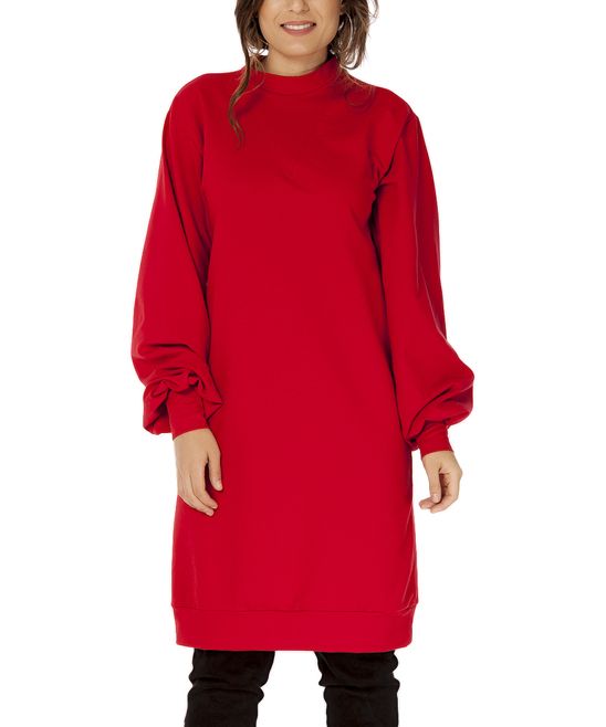 Simmly Women's Casual Dresses Claret - Claret Red Puff-Sleeve Mock Neck Sweater Dress - Women | Zulily