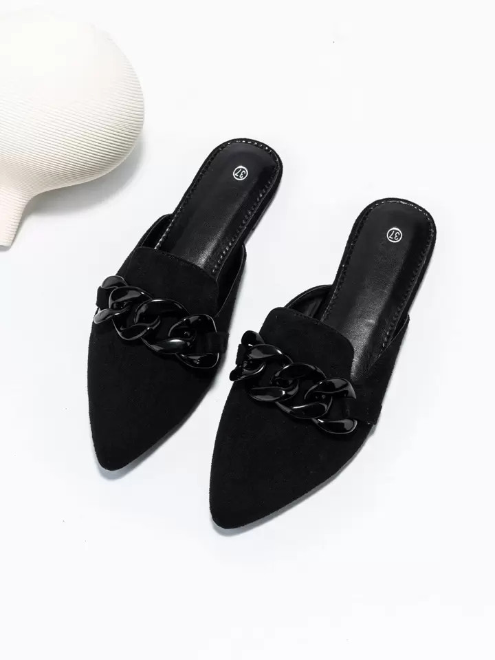 Women Black Chain Decor Point Toe Flat Mules, Fashionable Point Toe Flat Shoes | SHEIN