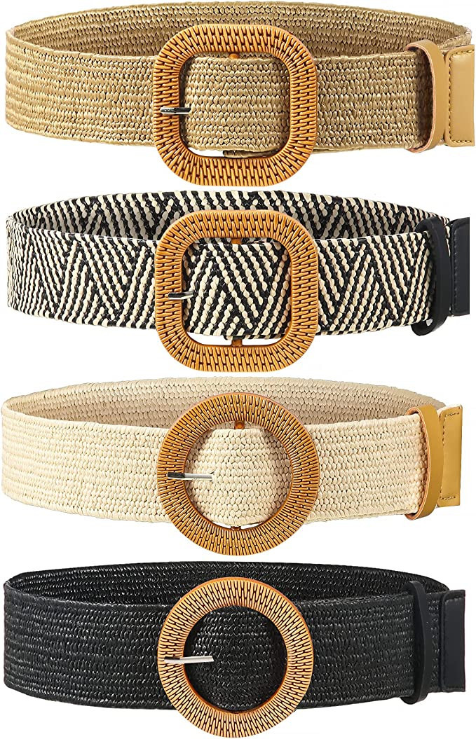 4 Pack Straw Woven Belt Elastic Stretch Rattan Waist Belt Women Skinny Raffia Dress Belt Wooden B... | Amazon (US)