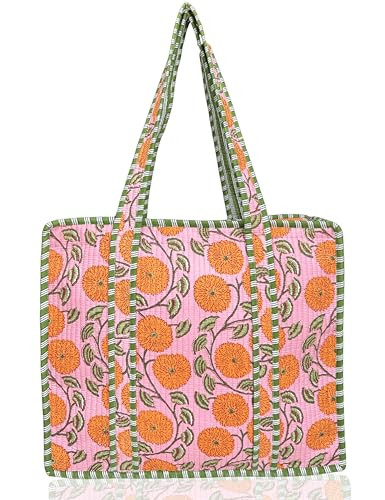 Amazon.com: Third Eye Export 100% Cotton Quilted Tote Bag 18x16\u2013 Large Zipper Beach Bag & Tr... | Amazon (US)