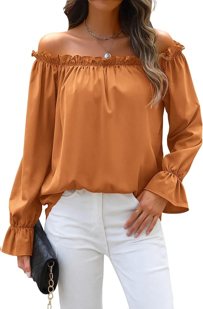 Halife Women's Off Shoulder Blouses Long Sleeve Ruffle Trim Loose Casual Shirts Tops | Amazon (US)