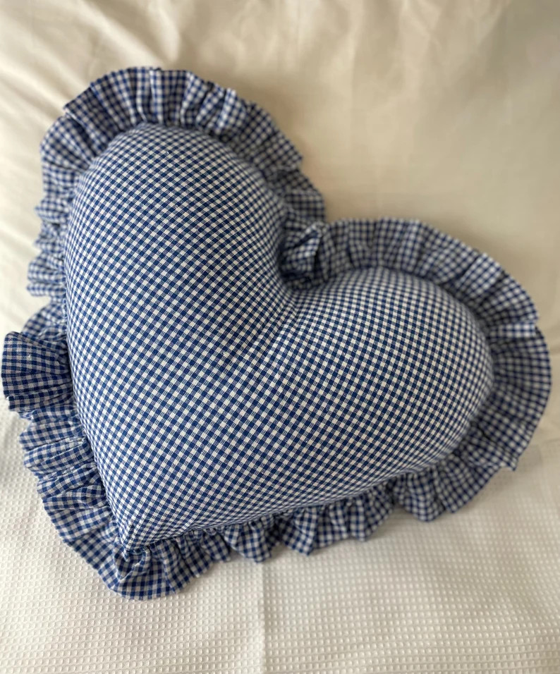 Blue gingham heart ruffled cushion | Etsy (US)