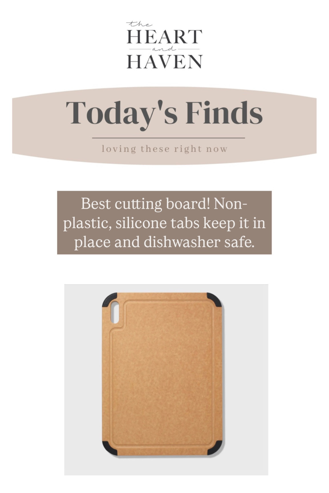 Kitchen must-have, non-plastic cutting board that is dishwasher safe.