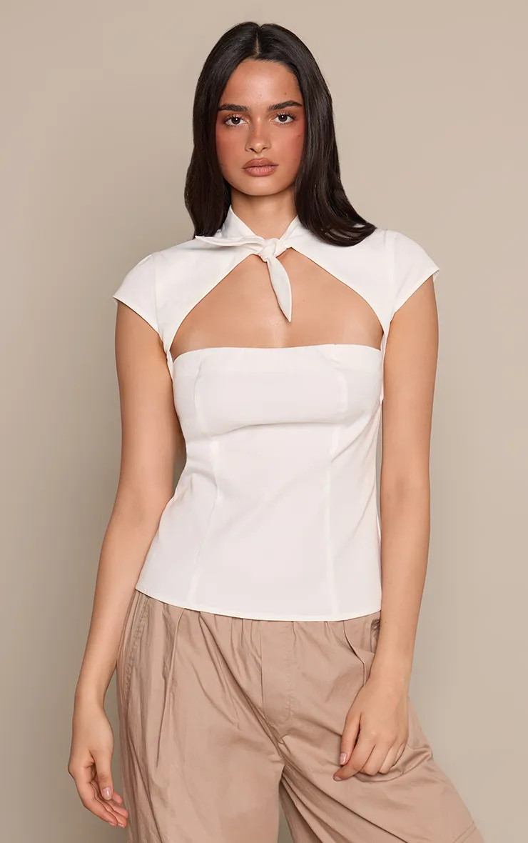 White High Neck Cut Out Detail Tie Front Top | PrettyLittleThing UK