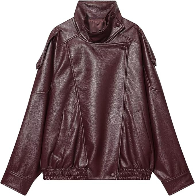 FindThy Women’s Oversized Faux Leather Jacket Casual High Collar Long Sleeve Zip Up Fall Fashio... | Amazon (US)