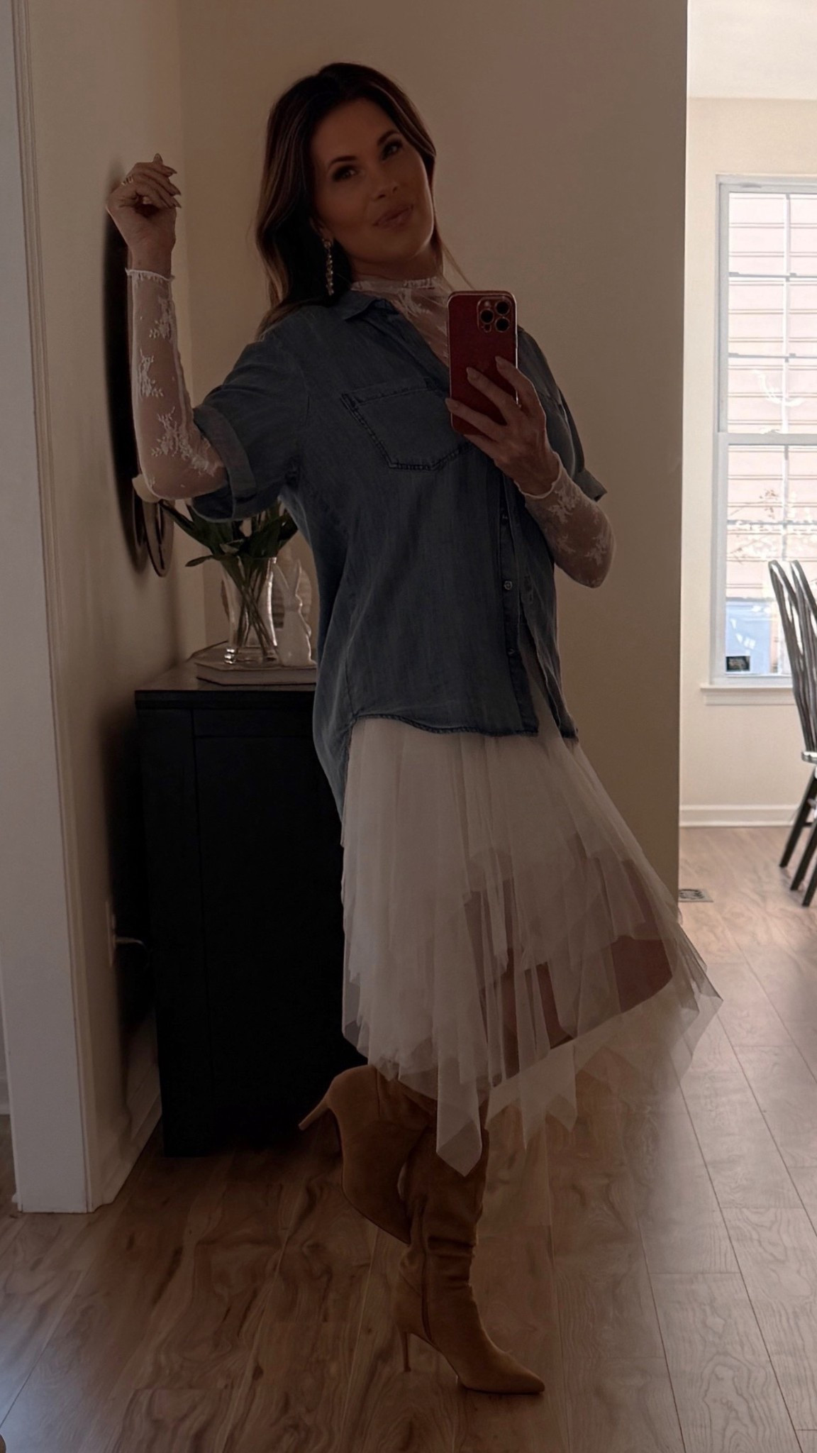 Mesh skirt style. 

Skirt - tts//mesh top - tts//denim button down - size up (2) sizes so it’s big and I cut the sleeves off of mine and rolled them. I used fabric tape to keep them in place. boots - tts

#LTKOver40 #LTKdayinmylife