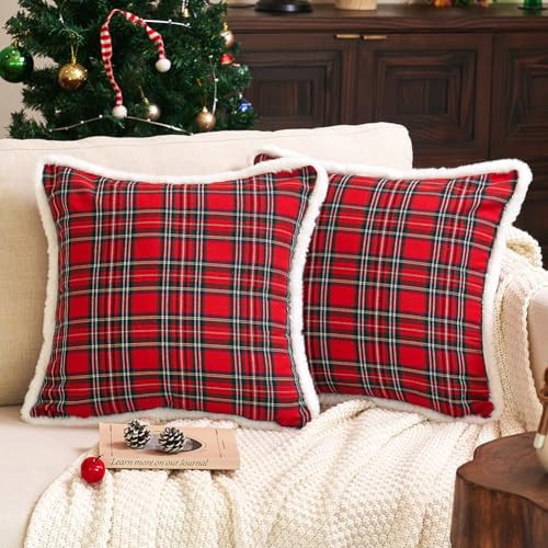 JOJOGOGO Red Christmas Tartan Plaid Pillow Covers 18x18 Set of 2 with Trim, White Fuzzy Red Buffalo Checkered Christmas Throw Pillow Covers, Decorative Red Christmas Pillows for Winter Holiday | Amazon (US)