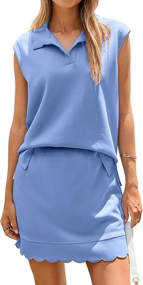 Glamaker 2 Piece Skirt Sets for Women Summer Outfits Casual V Neck Lapel Skorts Set Travel Vacati... | Amazon (US)