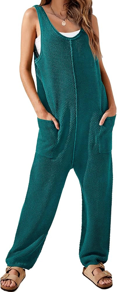 WIHOLL Womens Casual Loose Knit Jumpsuits Sleeveless V Neck Romper with Pocket and Long Pants Ove... | Amazon (US)