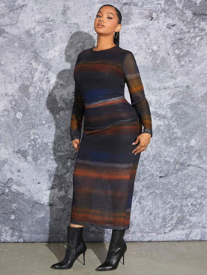 SHEIN SXY Plus Tie Dye Mesh Bodycon Dress | SHEIN