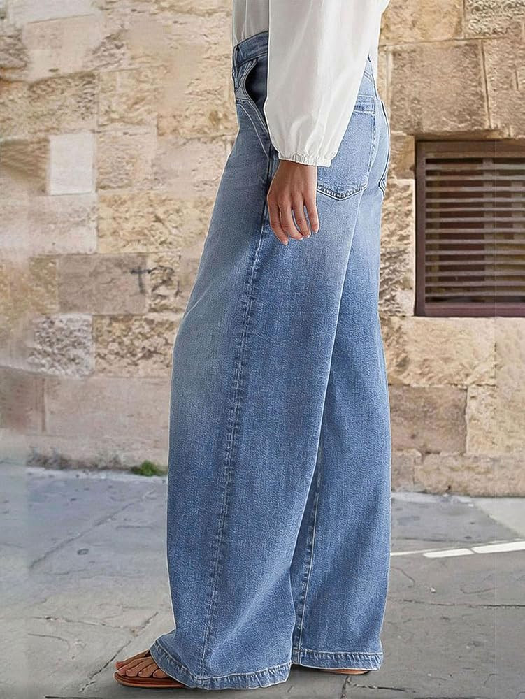 Flamingals Wide Leg Jeans for Women Mid Waist Baggy Stitch Decor Denim Washed Pants Without Belt | Amazon (US)
