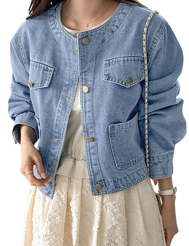 Omoone Women's Denim Jacket Long Sleeve Crop Button Down Jean Coat with Pocket | Amazon (US)