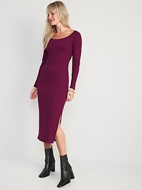 Fitted Long-Sleeve Rib-Knit Midi Dress for Women | Old Navy (US)