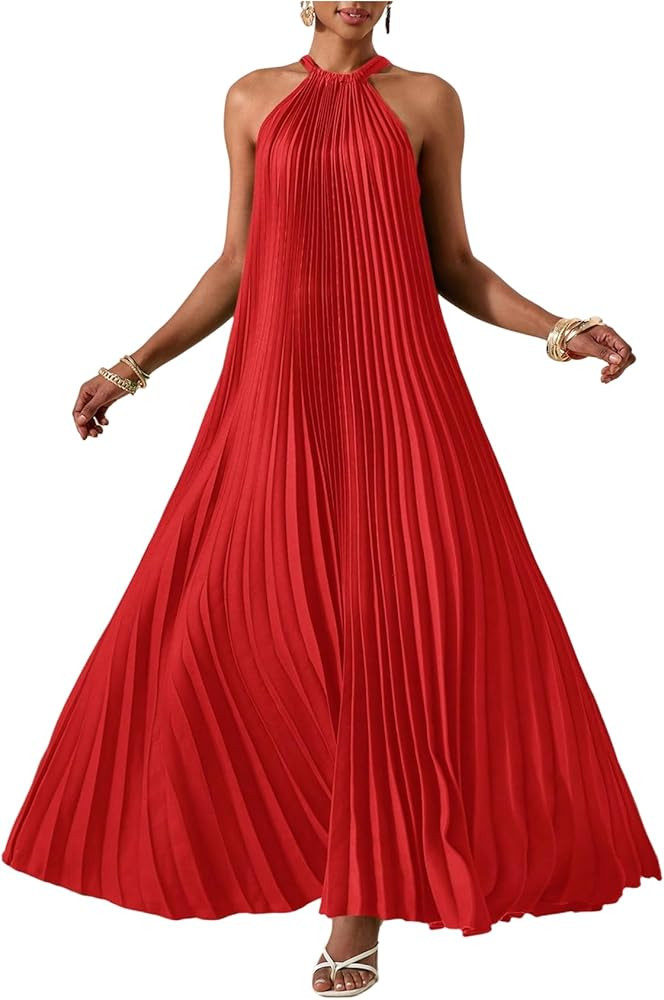 OYOANGLE Women's Summer Maxi Dress Wedding Guest Party Sleeveless Pleated Long Flowy Beach Vacati... | Amazon (US)
