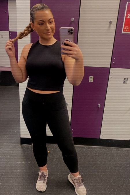 Gym ootd
- black workout tap with built in Sports bra 
- black workout leggings (under $25) 
- purple and rose gold adidas running sneaker 

#LTKshoecrush #LTKunder50 #LTKfit