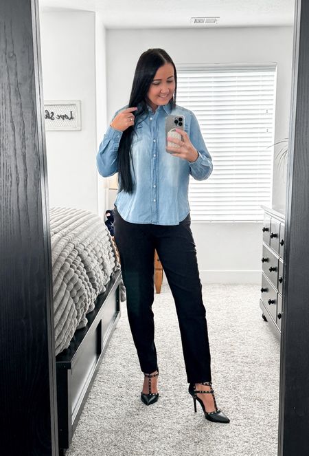 Styling my favorite black dress pants from 89th and Madison. 
These pants are seriously the comfiest dress pants I’ve had. Styled a more casual dressy look here with a light weight denim shirt and my favorite black heels. 

 @89thmadison ● #89thmadison, #89thmadisonpartner #ad #blackdresspants #casualdressy #styled #workwear

#LTKfindsunder100 #LTKover40 #LTKstyletip