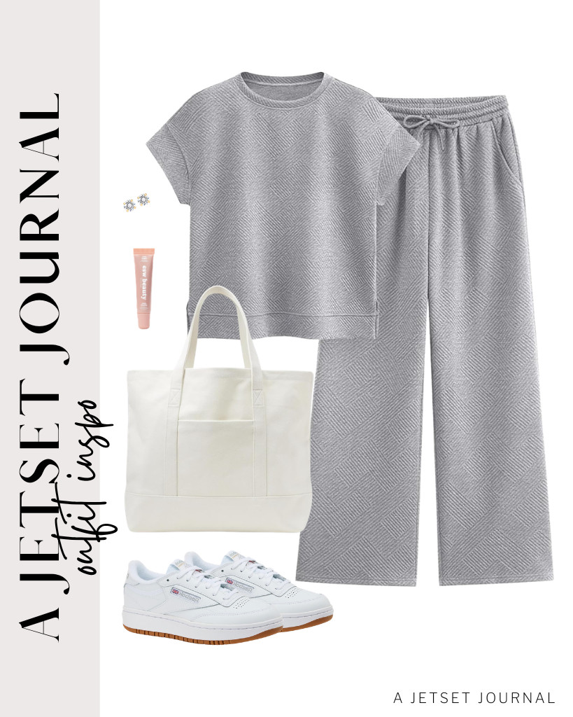 Turn this gray PRETTYGARDEN lounge set into a travel outfit by pairing it with Reebok sneakers. Carry your essentials in a large Amazon Essentials tote bag and pop in these stud earrings to finish the look.

#LTKSeasonal #LTKSaleAlert #LTKTravel
 

 