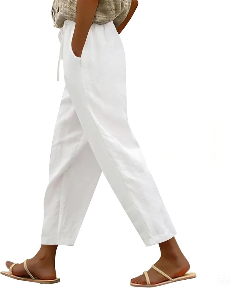 Puimentiua Cotton Linen Pants Women Casual Lightweight Elastic Drawstring Waist Summer Vacation B... | Amazon (US)