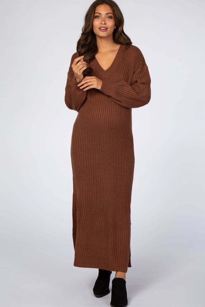 Brown V-Neck Ribbed Maternity Sweater Dress | PinkBlush Maternity