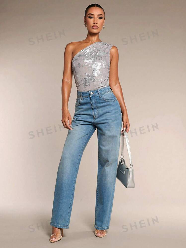 SHEIN BAE Women's Summer Silver Foil Decorated Sleeveless Bodysuit | SHEIN