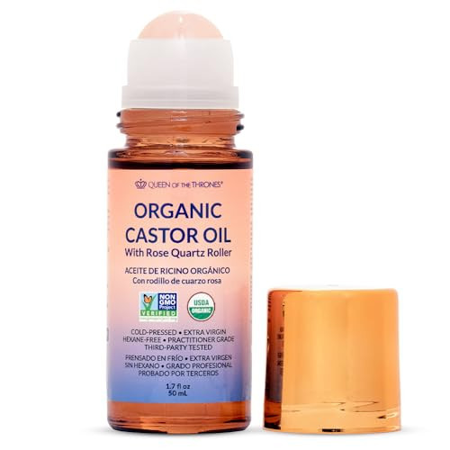 Queen of the Thrones Organic Golden Castor Oil Roll-On with Rose Quartz | 100% Pure for Skin, Brows & Lashes and Less-Mess Castor Oil Packs | Hexane-Free | USDA Certified | Cold-Pressed [50mL (1.7oz)] | Amazon (US)