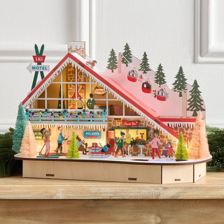 Laser Cut Wood Mid Century Ski Lodge LED Light Up Decor with Timer | World Market