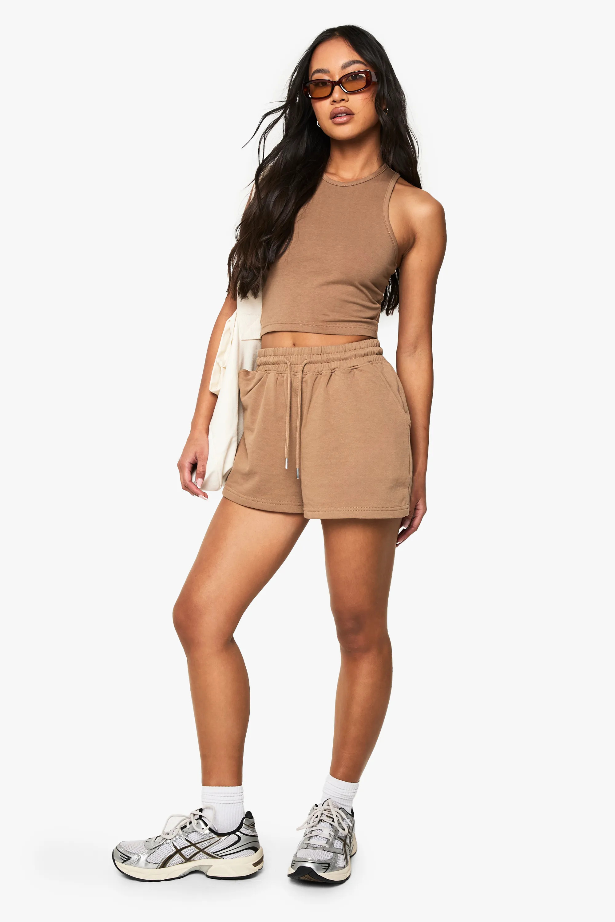 Taupe Racer Top And Sweat Short Set | Boohoo | Boohoo.com (UK & IE)