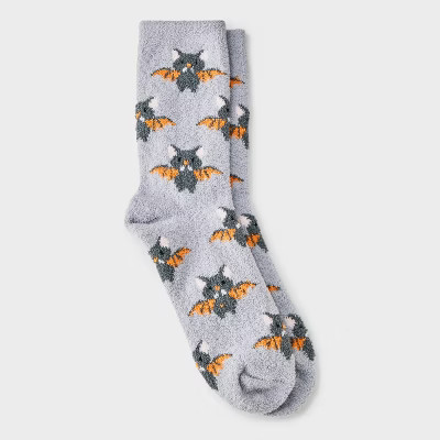 Women's Batcat Halloween Cozy Crew Socks - Hyde and EEK! Boutique™ Gray/Black/Orange 4 - 10 | Target