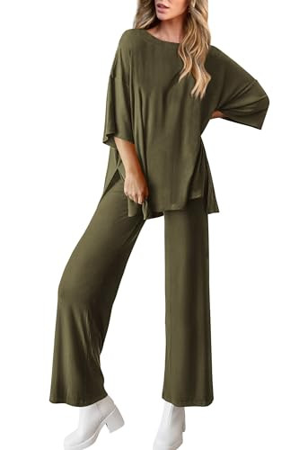 KIRUNDO Womens 2 Piece Outfits 2025 Summer Casual Loose Short Sleeve Pullover Tops & Wide Leg Pan... | Amazon (US)