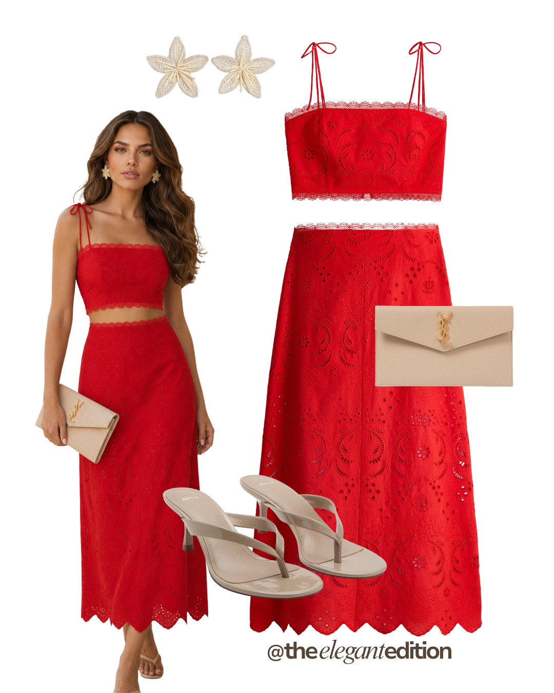 RED EYELET CO-ORD LOOK ❤️ — Red lace-trim crop top and matching maxi skirt, YSL clutch and nude heeled sandals. A romantic summer statement.

#summeroutfit #oldmoney #quietluxury #eveningwear #LTKsummer #LTKstyletip 

 #LTKsummer #LTKstyletip #LTKdatenight
