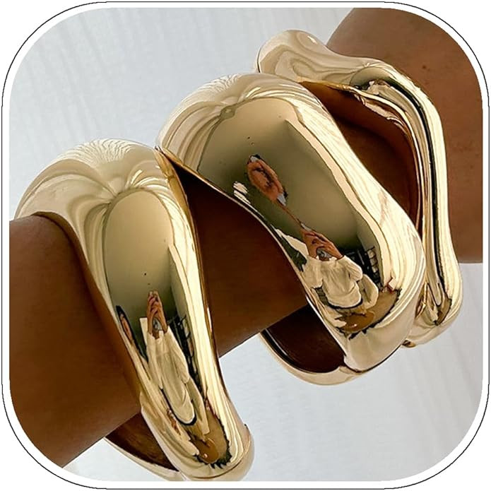 ALEXTINA Chunky Gold Bracelets Set for Women 18K Gold Plated High Shine Bracelets Minimalist Open... | Amazon (US)